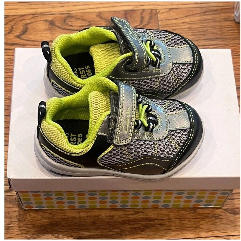Clarks First Shoes Toddler Boys 4.5 MW Break Line Fst Gray Lime Green Sneakers